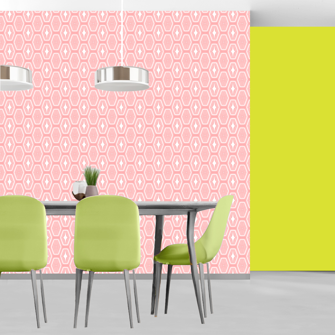 An abstract composition featuring irregular, rounded shapes in vibrant colors. The main colors include bright green, lime green, turquoise, and dark blue, all separated by white, jagged outlines. The shapes overlap and intersect dynamically, forming an energetic and playful pattern. The overall texture has a fabric-like appearance with subtle horizontal and vertical lines running through the colors.